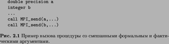\begin{figure}\begin{verbatim}double precision a
integer b
...
call MPI_se...
...��� ��������� �� ���������� ���������� �
������������ �����������.}
\end{figure}